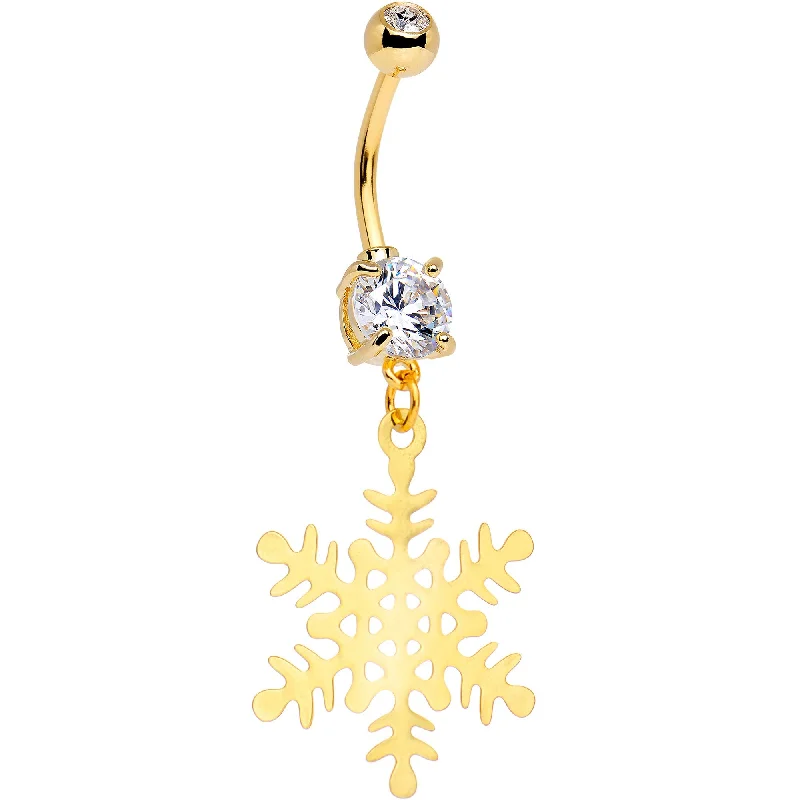 Belly Rings with Glowing Gemstones for Bold Style -Clear Gem Gold Tone Anodized Holiday Snowflake Dangle Belly Ring Belly Rings with Glowing Gemstones for Bold Style -Clear Gem Gold Tone Anodized Holiday Snowflake Dangle Belly Ring