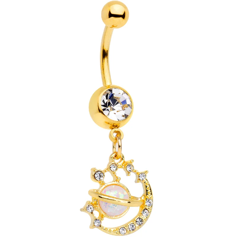 Belly Rings with Gemstone Detailing for Bold Style -Clear Gem Gold Tone White Faux Opal Saturn Moon Dangle Belly Ring Belly Rings with Gemstone Detailing for Bold Style -Clear Gem Gold Tone White Faux Opal Saturn Moon Dangle Belly Ring