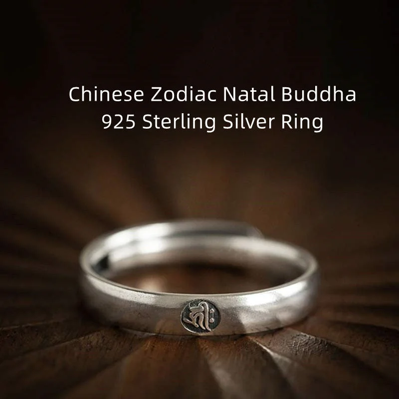 Chic Women's Rings for Fashion-Forward Looks-Buddha Stones 925 Sterling Silver Chinese Zodiac Natal Buddha Blessing Couple Ring