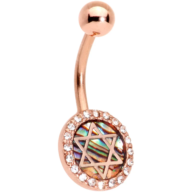 Stunning Belly Rings for Fashionable Women -Clear Gem Rose Gold Tone Iridescent Inlay Star of David Belly Ring