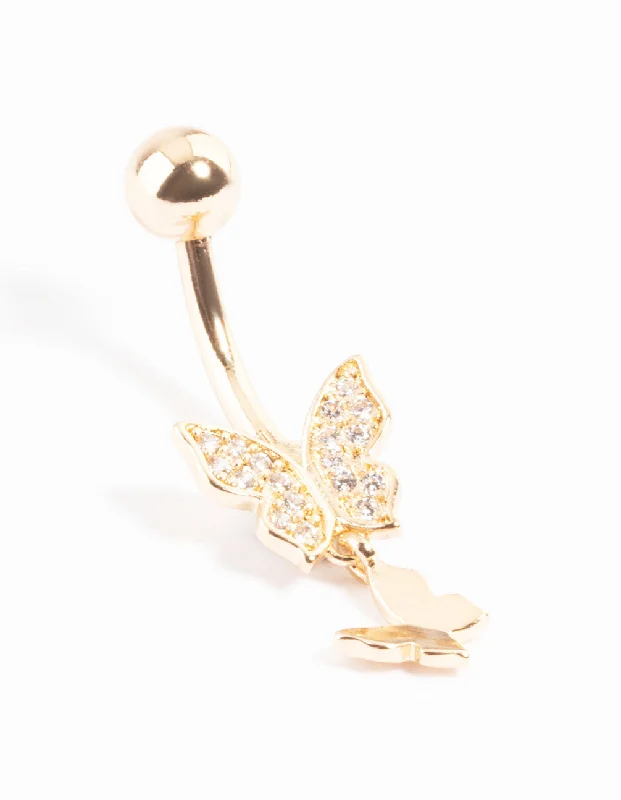Trendy Belly Rings for Exclusive Looks -Gold Plated Titanium Double Butterfly Belly Ring Trendy Belly Rings for Exclusive Looks -Gold Plated Titanium Double Butterfly Belly Ring