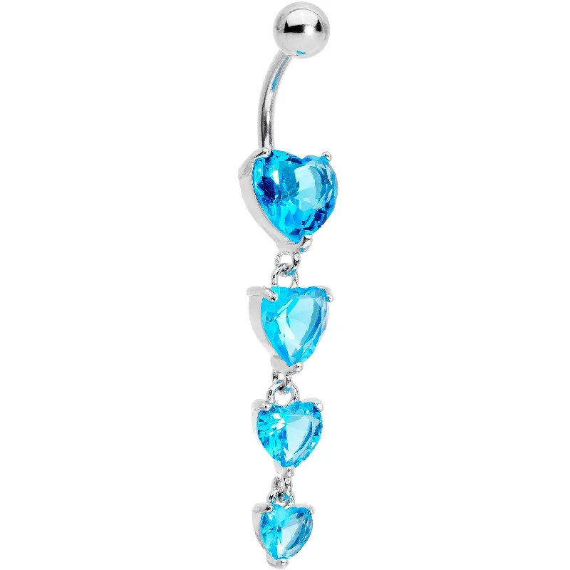 Designer Belly Rings for Special Fashion Statements -Blue CZ Gem Waterfall of Hearts Dangle Belly Ring Designer Belly Rings for Special Fashion Statements -Blue CZ Gem Waterfall of Hearts Dangle Belly Ring