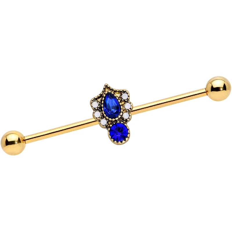 Women's Earrings – Elegant Designs for Every Personality--14 Gauge Blue Gem Gold Tone Heirloom Teardrop Industrial Barbell 38mm