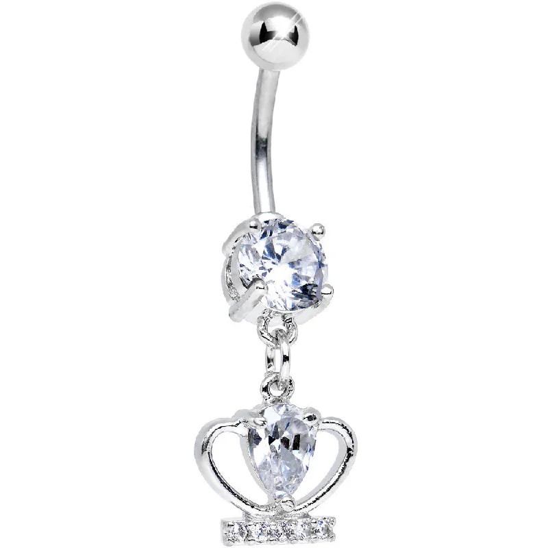 Stylish Belly Rings for Elegant Women -Clear Cubic Zirconia Royal Duchess Sparkling Crown Dangle Belly Ring