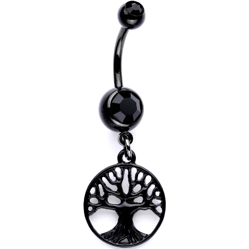 Belly Rings with Colorful Gemstones for Extra Shine -Black Gem Black Anodized Tree of Life Charm Dangle Belly Ring Belly Rings with Colorful Gemstones for Extra Shine -Black Gem Black Anodized Tree of Life Charm Dangle Belly Ring