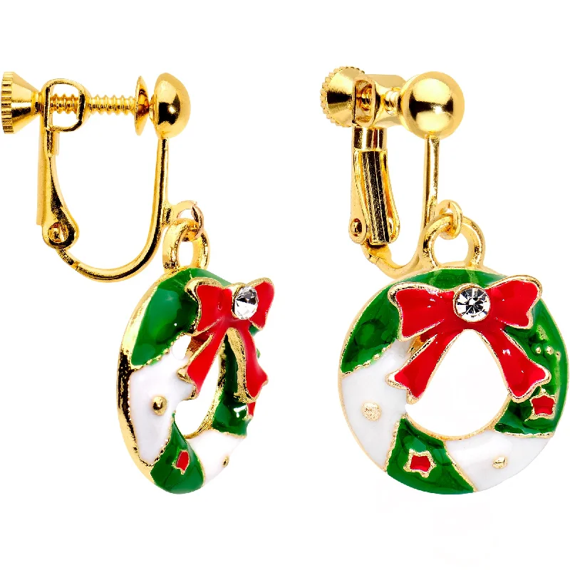 Women's Earrings – Elegant Designs for Every Personality--Clear CZ Gem Gold Plated Christmas Wreath Clip On Earrings