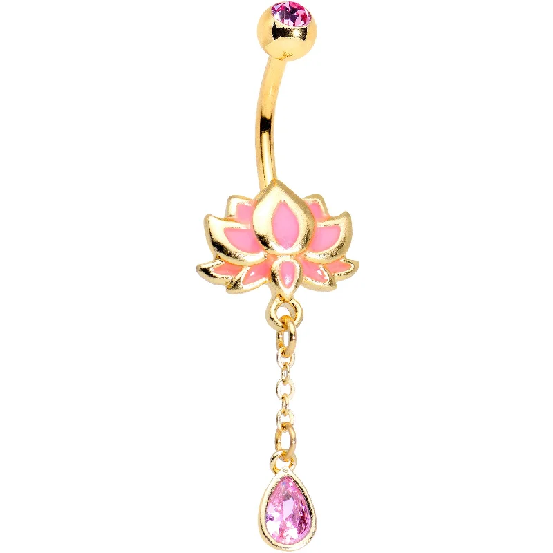 Comfortable Belly Rings for Active Fashionistas -Pink Gem Gold Tone Anodized Blooming Lotus Flower Dangle Belly Ring Comfortable Belly Rings for Active Fashionistas -Pink Gem Gold Tone Anodized Blooming Lotus Flower Dangle Belly Ring