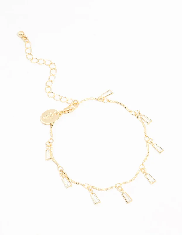 Personalized Diamond Bangles for Women-Gold Plated Brass Cubic Zirconia Baguette Charm Bracelet