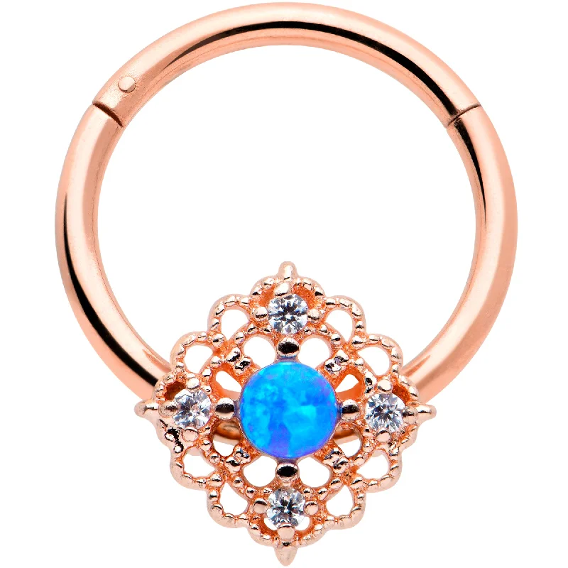 Trendy Nose Rings for Unique Style -16 Gauge 3/8 Blue Synthetc Opal Rose Gold Hue Lacy Hinged Segment Ring Trendy Nose Rings for Unique Style -16 Gauge 3/8 Blue Synthetc Opal Rose Gold Hue Lacy Hinged Segment Ring