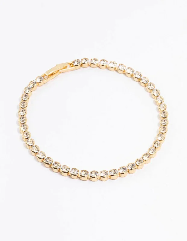 Personalized Leather Bangles for Women-Gold Plated Round Diamante Tennis Bracelet