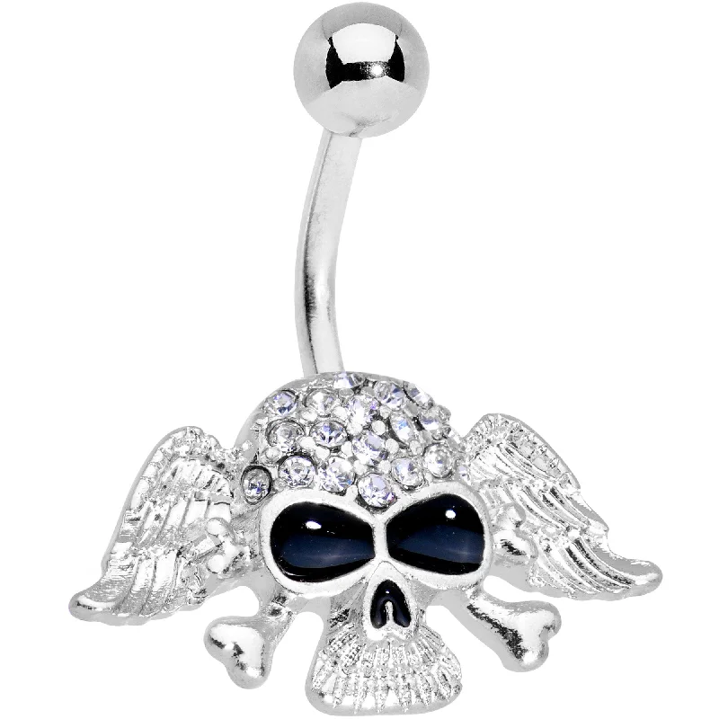 Comfortable Belly Rings with Sleek Design -Clear Gem Flying Skull Belly Ring