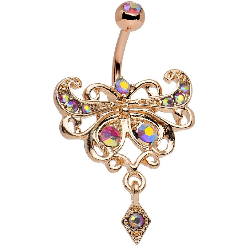 Sparkling Belly Rings with Beautiful Stone Work -Rose Gold Anodized Red Iridescent Gem Butterfly Dangle Belly Ring Sparkling Belly Rings with Beautiful Stone Work -Rose Gold Anodized Red Iridescent Gem Butterfly Dangle Belly Ring