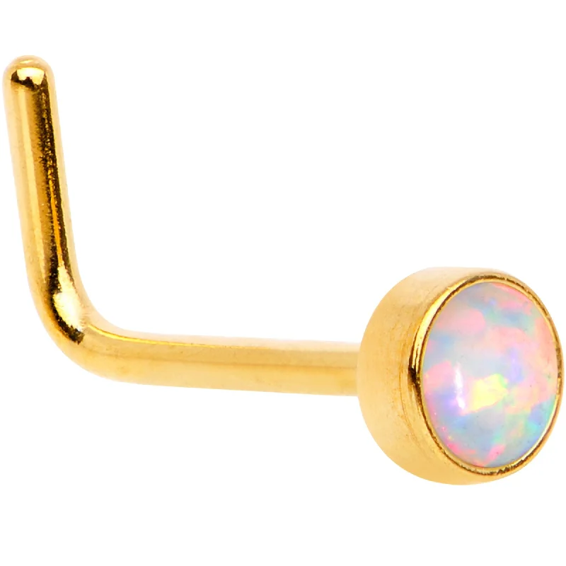 Elegant Nose Rings for Stunning Look -White 3mm Synthetic Opal Inlay Gold Tone Press Fit L-Shape Nose Ring Elegant Nose Rings for Stunning Look -White 3mm Synthetic Opal Inlay Gold Tone Press Fit L-Shape Nose Ring