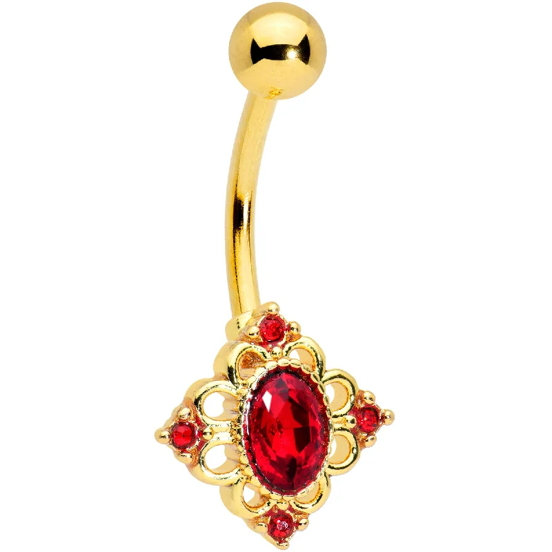 Trendy Belly Rings with Elegant Shine -Red Gem Gold Tone Rich Regal Rhombus Belly Ring Trendy Belly Rings with Elegant Shine -Red Gem Gold Tone Rich Regal Rhombus Belly Ring