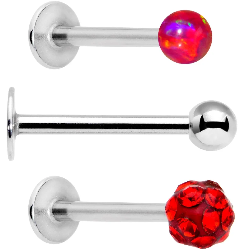 Elegant Lip Rings with Gorgeous Designs16 Gauge 3/8 Red Faux Opal Ball Labret Monroe Tragus 3 Pack Set