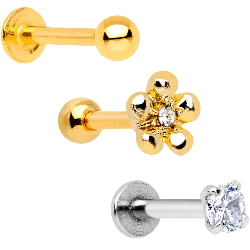 Custom Lip Rings for Personalized Style16 Gauge 1/4 Clear Gem Gold Tone Daisy Flower Cartilage Tragus Set of 3