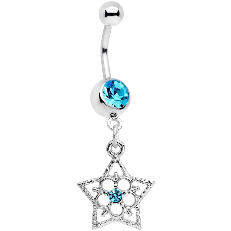 Trendy Belly Rings with Elegant Shine -Blue Gem Secret Star Flower Dangle Belly Ring Trendy Belly Rings with Elegant Shine -Blue Gem Secret Star Flower Dangle Belly Ring
