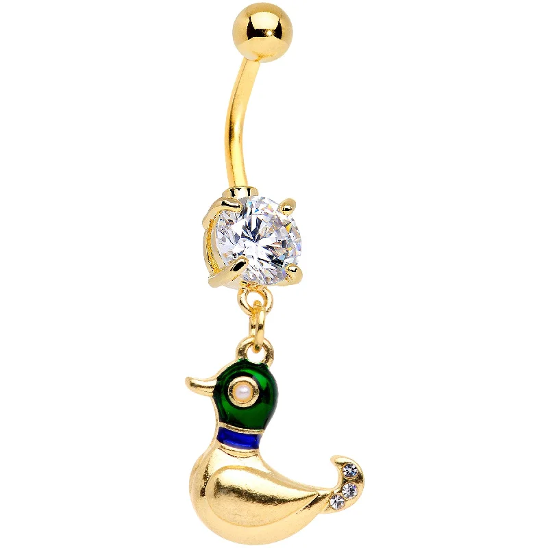 Trendy Belly Rings for Bold Fashion -Clear Gem Gold PVD Quack Quack Duck Dangle Belly Ring Trendy Belly Rings for Bold Fashion -Clear Gem Gold PVD Quack Quack Duck Dangle Belly Ring