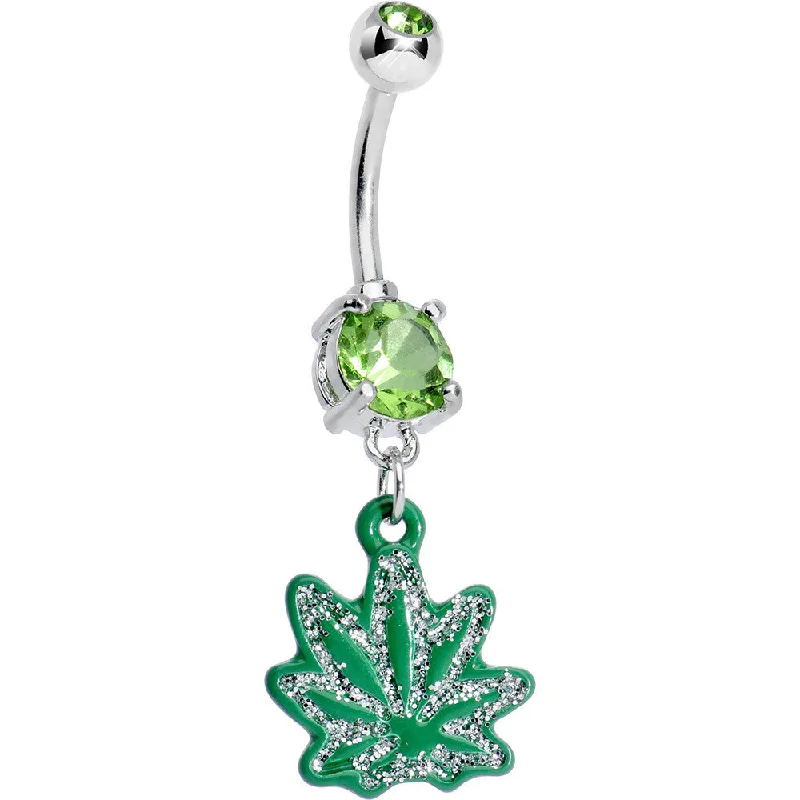 Stunning Belly Rings for Exclusive Appeal -Green Gem Sparkle Like a Ganja Leaf Dangle Belly Ring Stunning Belly Rings for Exclusive Appeal -Green Gem Sparkle Like a Ganja Leaf Dangle Belly Ring