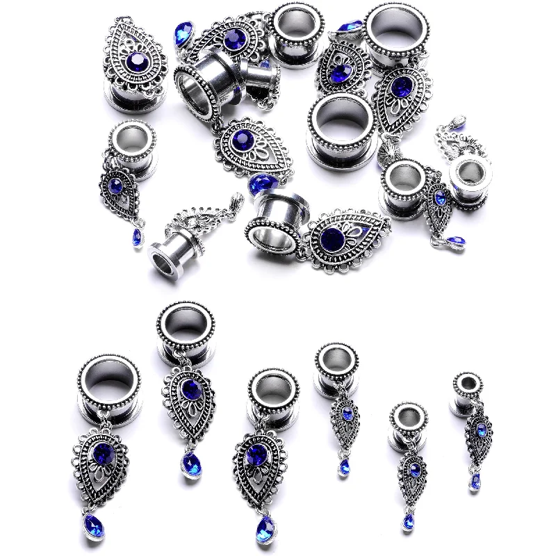 Women's Earrings – Elegant Designs for Every Personality--Blue Gem Filigree Drop Dangle Screw Fit Tunnel Plug Set 6mm to 16mm