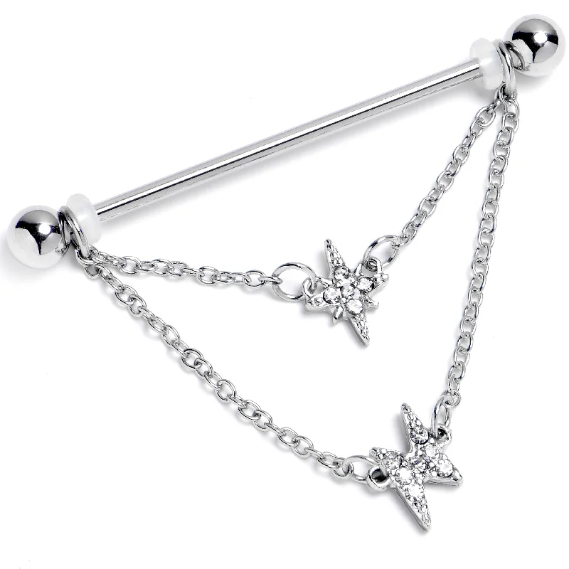 Women's Earrings – Elegant Designs for Every Personality--14 Gauge Clear Gem Starry Lightning Chain Dangle Industrial Barbell 38mm