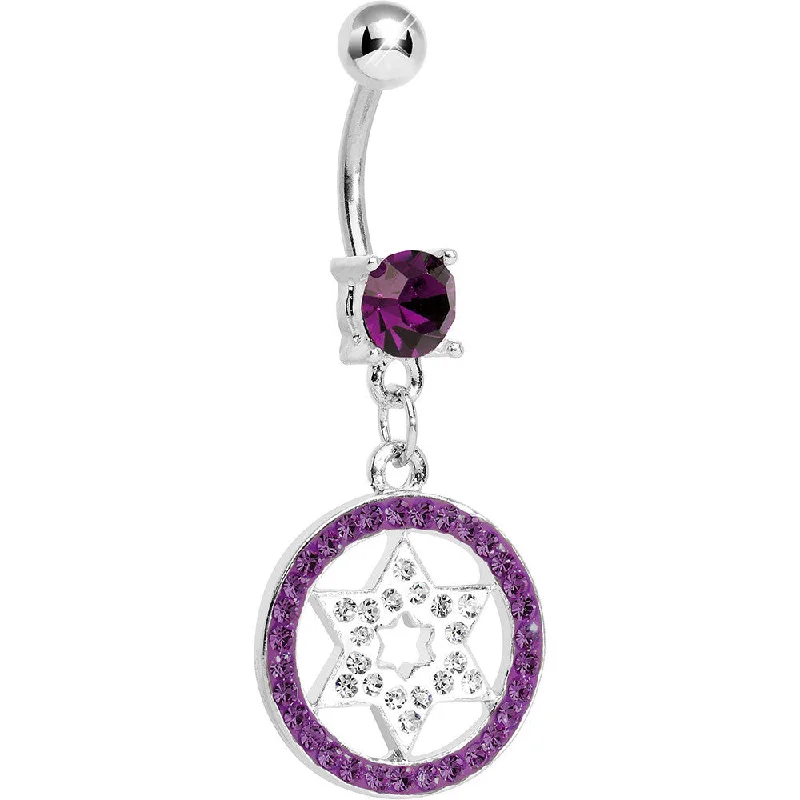 Comfortable Belly Rings for Trendy Looks -Dark Purple Gem Paved Enclosed Star of David Dangle Belly Ring Comfortable Belly Rings for Trendy Looks -Dark Purple Gem Paved Enclosed Star of David Dangle Belly Ring