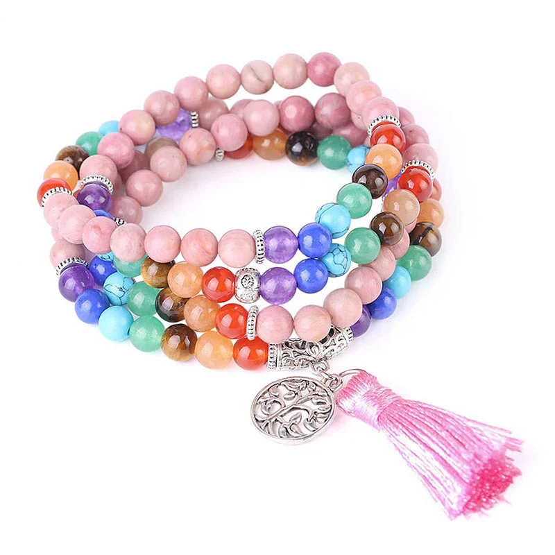 Men's Bracelets with Gemstones-Buddha Stones 108 Mala Beads Rhodonite Blue Crystal Lazulite Healing Bracelet