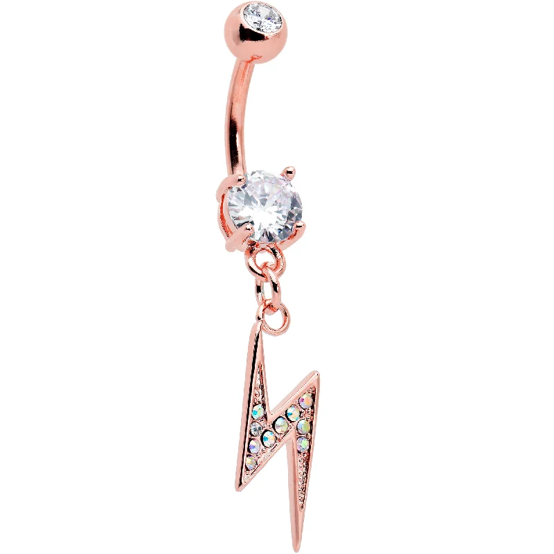 Comfortable Belly Rings with Adjustable Fit -Aurora CZ Gem Rose Gold Tone Lightning Strike Dangle Belly Ring Comfortable Belly Rings with Adjustable Fit -Aurora CZ Gem Rose Gold Tone Lightning Strike Dangle Belly Ring