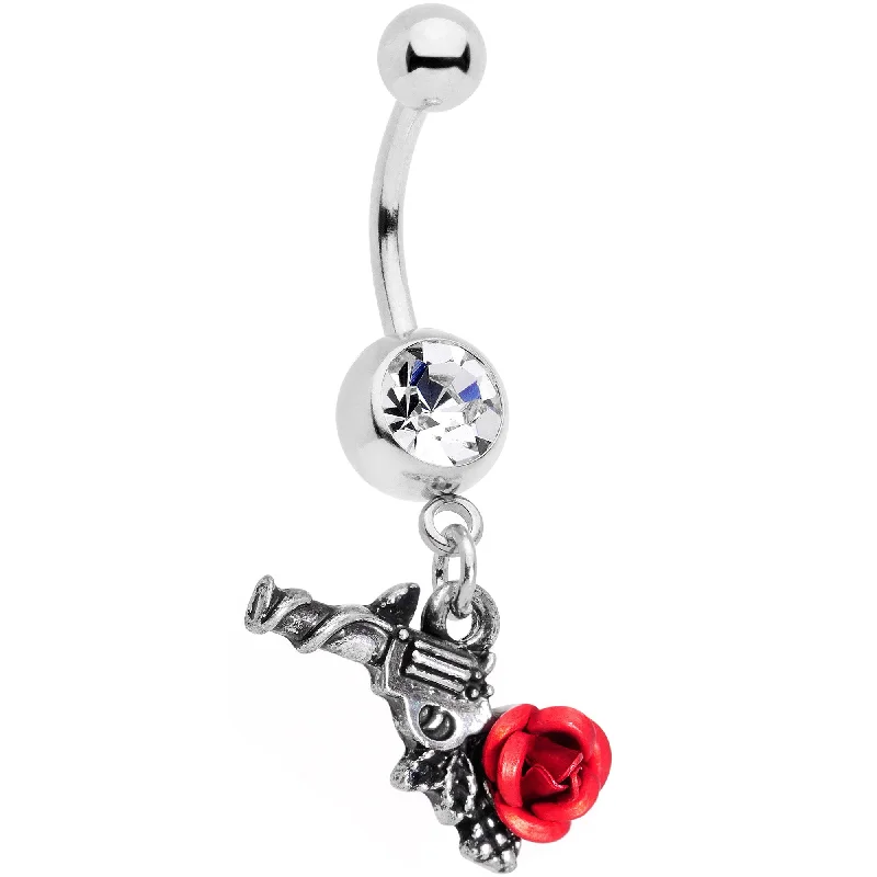 Unique Belly Rings with Creative Designs -Clear Gem Red Rose Flower and Gun Dangle Belly Ring Unique Belly Rings with Creative Designs -Clear Gem Red Rose Flower and Gun Dangle Belly Ring