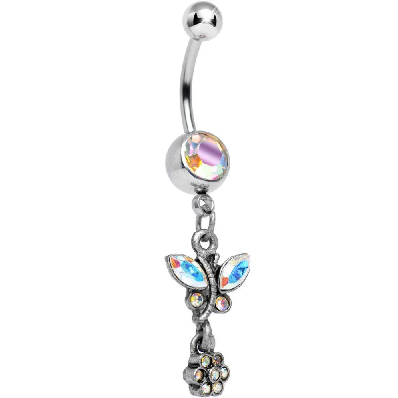 Comfortable Belly Rings for Everyday Use -Antique Silver Floral Ivy Aurora Gem Dangle Belly Ring Comfortable Belly Rings for Everyday Use -Antique Silver Floral Ivy Aurora Gem Dangle Belly Ring