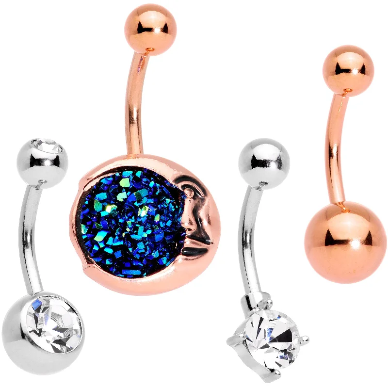 Comfortable Belly Rings with Stylish Features -Clear Gem Blue Faux Druzy Rose Gold Tone Peaceful Moon Belly Ring Set Comfortable Belly Rings with Stylish Features -Clear Gem Blue Faux Druzy Rose Gold Tone Peaceful Moon Belly Ring Set
