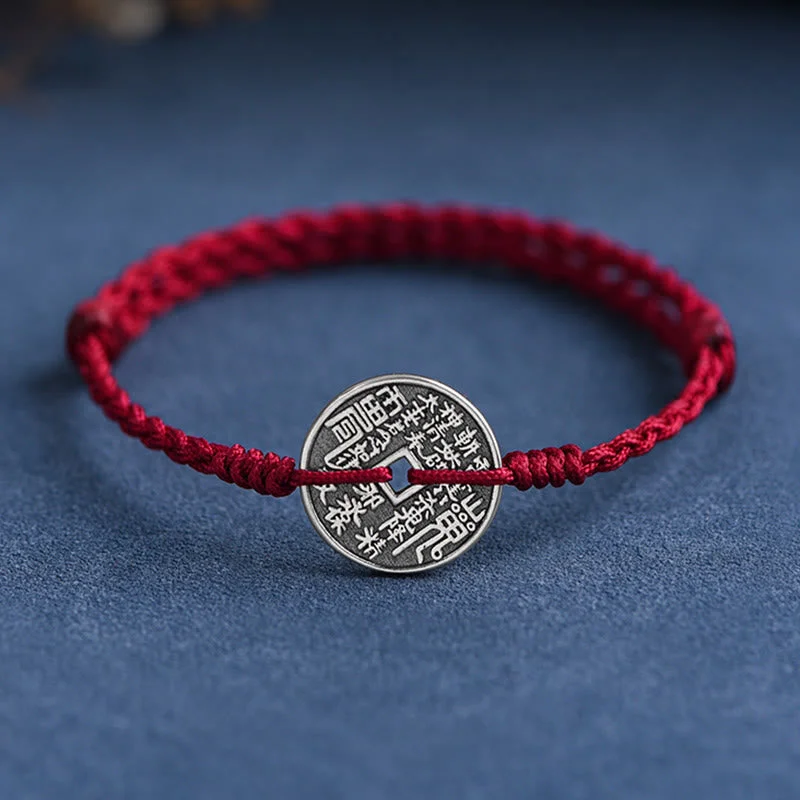 Men's Bracelets with Fashionable Details-Buddha Stones 925 Sterling Silver Coin Protection Braided Bracelet Anklet Men's Bracelets with Fashionable Details-Buddha Stones 925 Sterling Silver Coin Protection Braided Bracelet Anklet