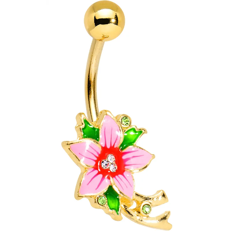 Simple Belly Rings for a Clean Look -Green Clear Gem Pink Bashful Hibiscus Flower Belly Ring Simple Belly Rings for a Clean Look -Green Clear Gem Pink Bashful Hibiscus Flower Belly Ring