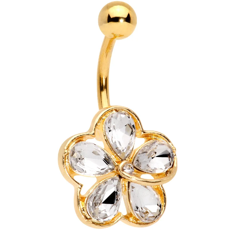 Trendy Belly Rings with Sparkling Stones -Clear Gem Gold Tone Brilliant and Bold Flower Belly Ring Trendy Belly Rings with Sparkling Stones -Clear Gem Gold Tone Brilliant and Bold Flower Belly Ring