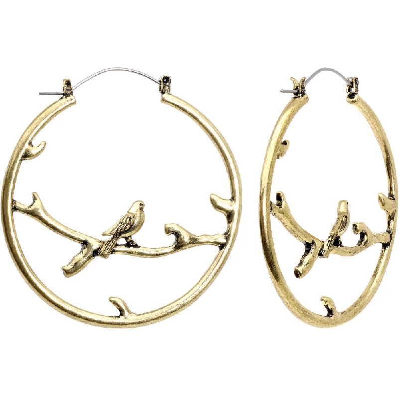 Women's Earrings – Elegant Designs for Every Personality--Bronze-colored Bird on Branch Tunnel Hoop Earrings Women's Earrings – Elegant Designs for Every Personality--Bronze-colored Bird on Branch Tunnel Hoop Earrings