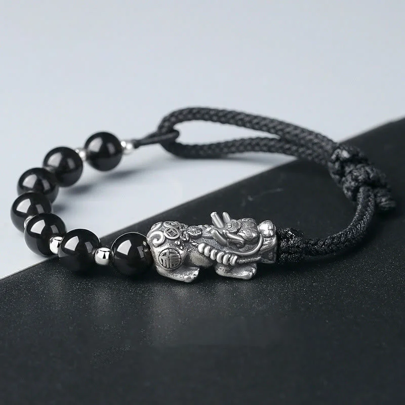 Men's Fashionable Bracelets with Adjustable Fits-Buddha Stones 999 Sterling Silver FengShui PiXiu Natural Black Obsidian 925 Sterling Silver Bead Strength Bracelet Men's Fashionable Bracelets with Adjustable Fits-Buddha Stones 999 Sterling Silver FengShui PiXiu Natural Black Obsidian 925 Sterling Silver Bead Strength Bracelet