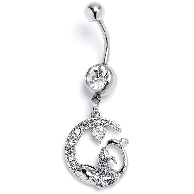 Comfortable Belly Rings for Glamorous Style -Clear Gem Riding Mermaid Dangle Belly Ring Comfortable Belly Rings for Glamorous Style -Clear Gem Riding Mermaid Dangle Belly Ring