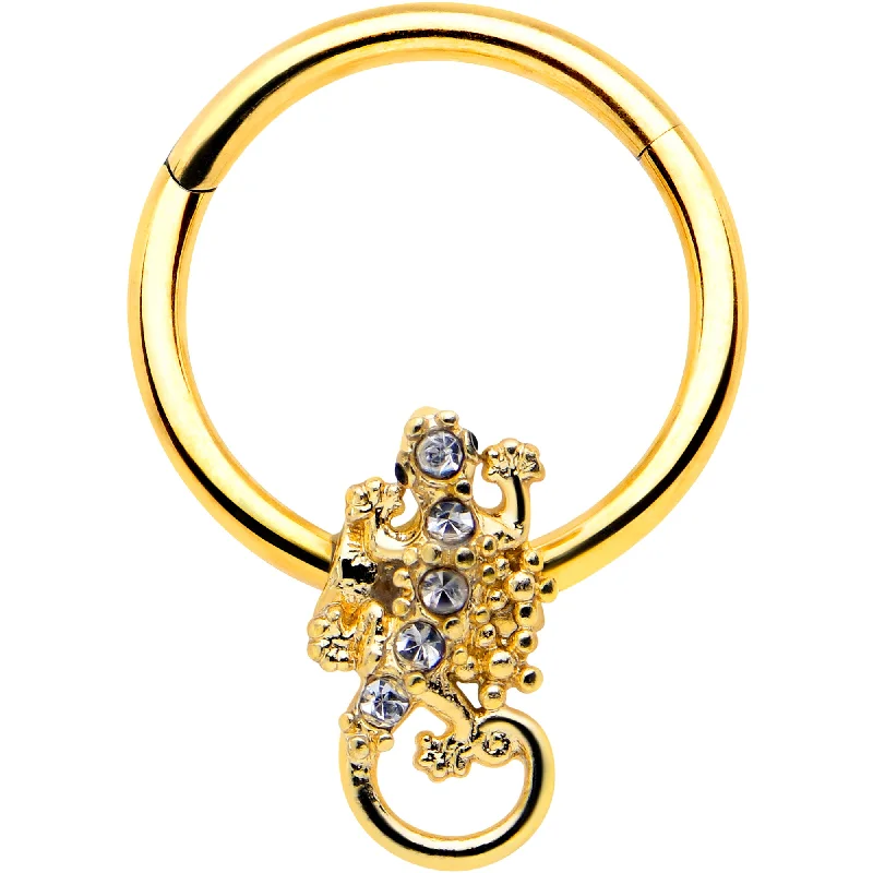 Nose Rings for Everyday Accessories -16 Gauge 3/8 Clear Gem Gold Tone Luscious Lizard Hinged Segment Ring Nose Rings for Everyday Accessories -16 Gauge 3/8 Clear Gem Gold Tone Luscious Lizard Hinged Segment Ring
