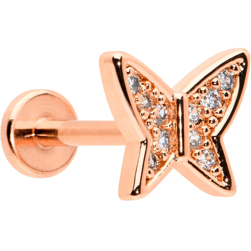 Trendy Lip Rings for Simple Fashion Statements16 Gauge 5/16 CZ Gem Rosy Hue Butterfly Internal Thread Labret Tragus