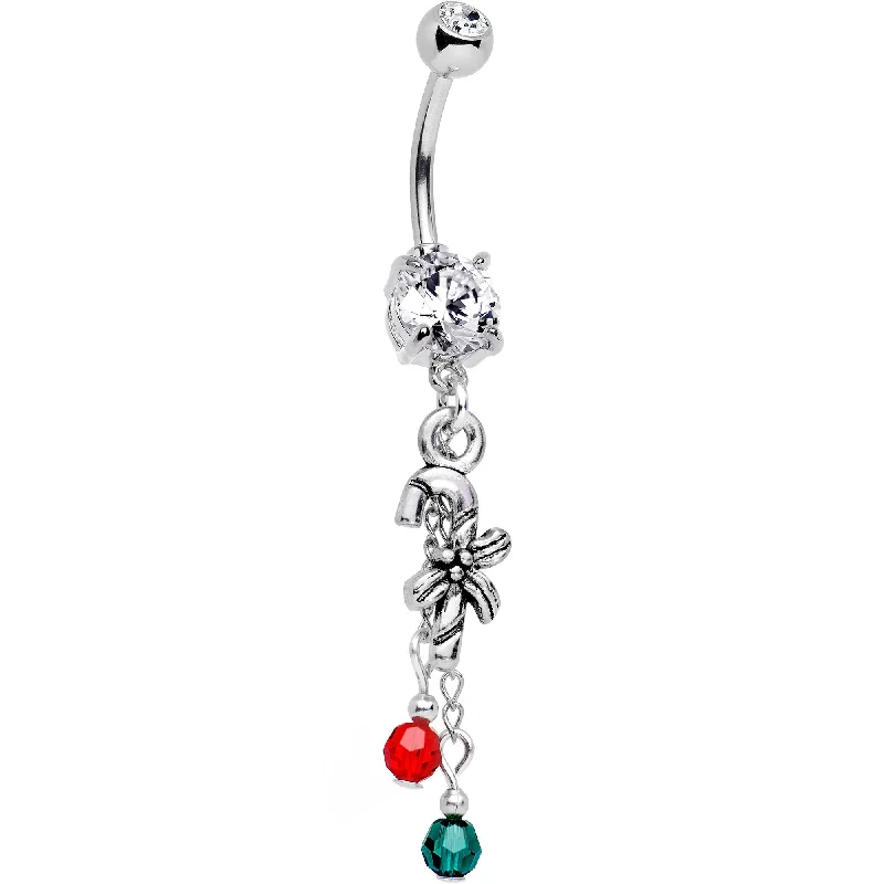 Belly Rings with Unique Charms for Personalized Touch -Holiday Candy Cane Dangle Belly Ring Created with Crystals Belly Rings with Unique Charms for Personalized Touch -Holiday Candy Cane Dangle Belly Ring Created with Crystals