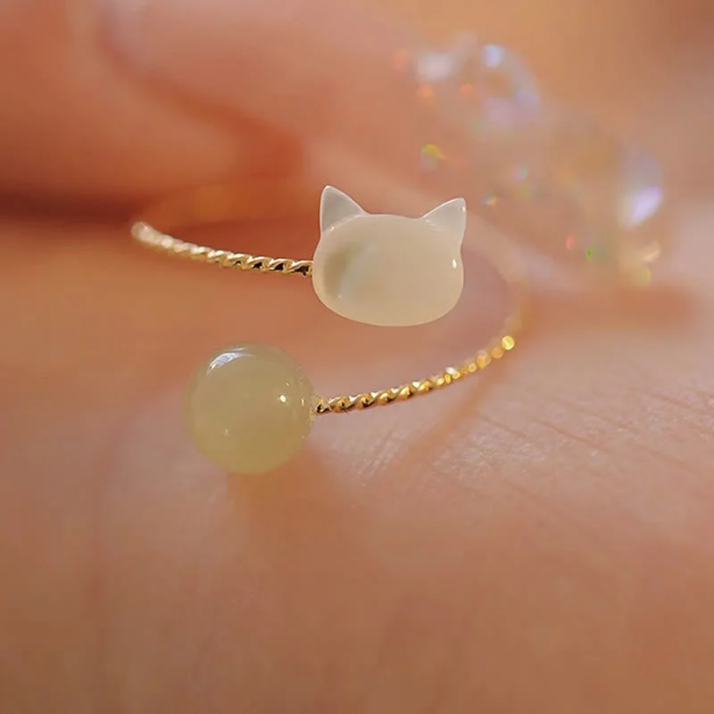 Chic Women's Rings for Fashion-Forward Looks-Buddha Stones Tridacna Stone Cat Head Jade Bead Blessing Ring Chic Women's Rings for Fashion-Forward Looks-Buddha Stones Tridacna Stone Cat Head Jade Bead Blessing Ring