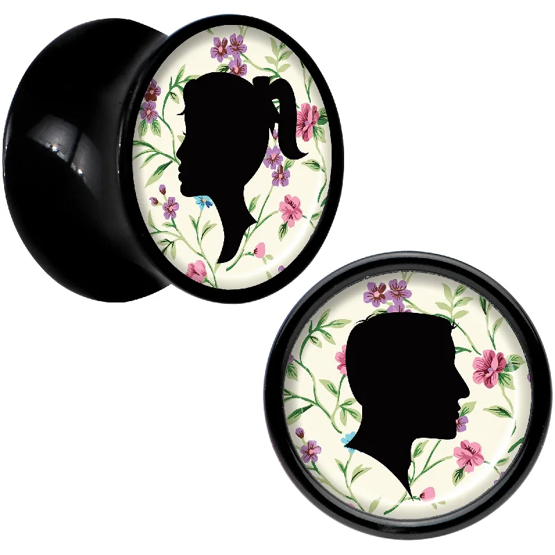 Women's Earrings – Elegant Designs for Every Personality--Black Acrylic Man Woman Floral Silhouette Saddle Plug Set 00 Gauge