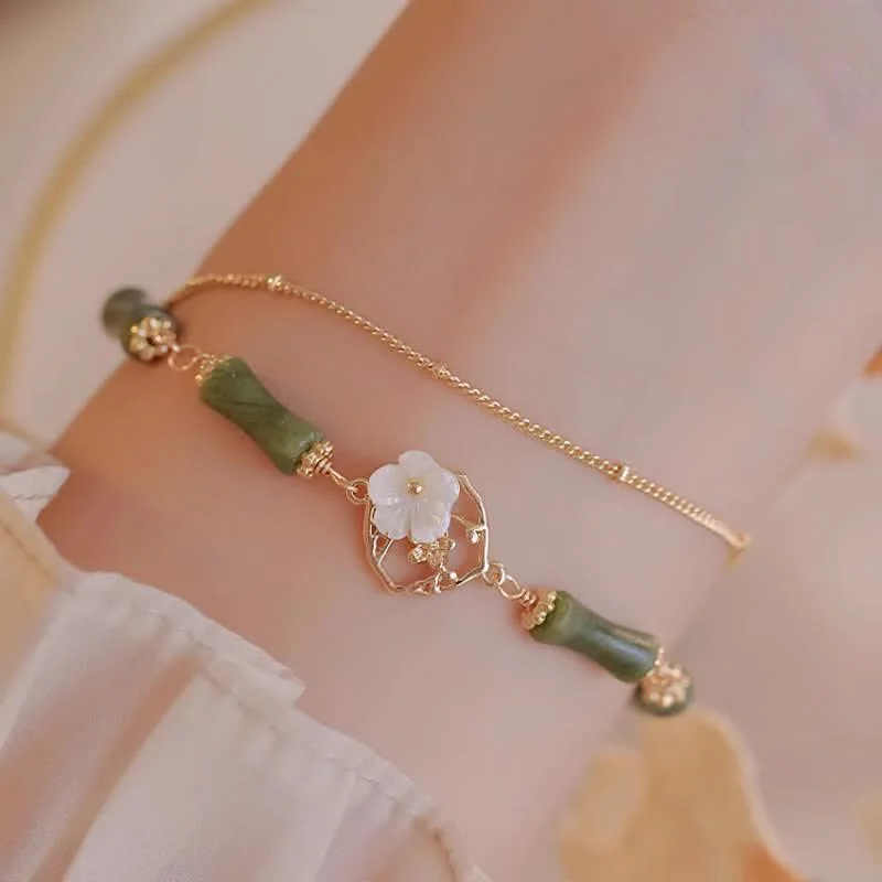 Beaded and Silver Bangles for Women-Buddha Stones 14k Gold Plated Copper Peridot Bamboo Flower Wealth Double Layer Bracelet Beaded and Silver Bangles for Women-Buddha Stones 14k Gold Plated Copper Peridot Bamboo Flower Wealth Double Layer Bracelet