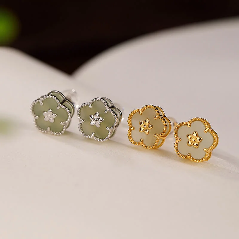 Women's Earrings – Elegant Designs for Every Personality--Buddha Stones 925 Sterling Silver Hetian Jade Plum Flower Luck Stud Earrings