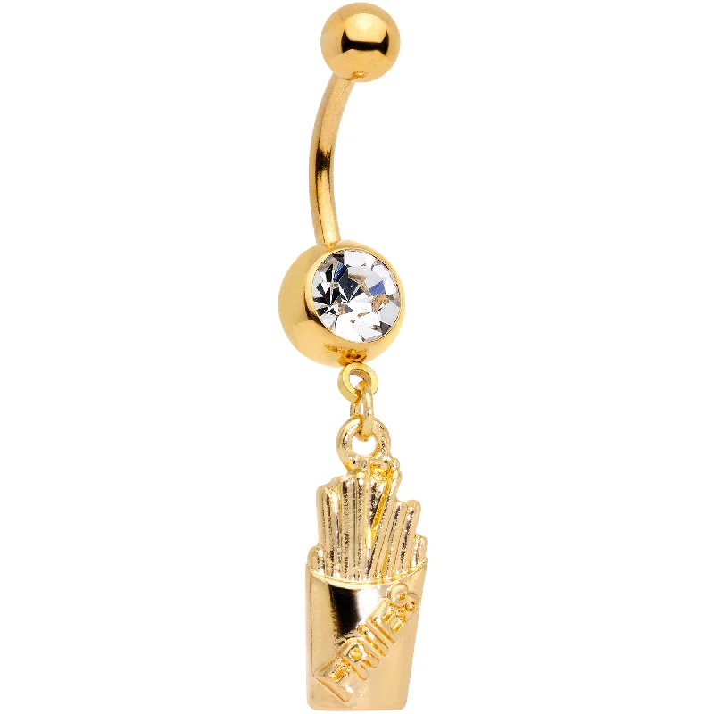 Comfortable Belly Rings for Active Fashionistas -Clear Gem Gold Tone Fast Food French Fries Dangle Belly Ring Comfortable Belly Rings for Active Fashionistas -Clear Gem Gold Tone Fast Food French Fries Dangle Belly Ring