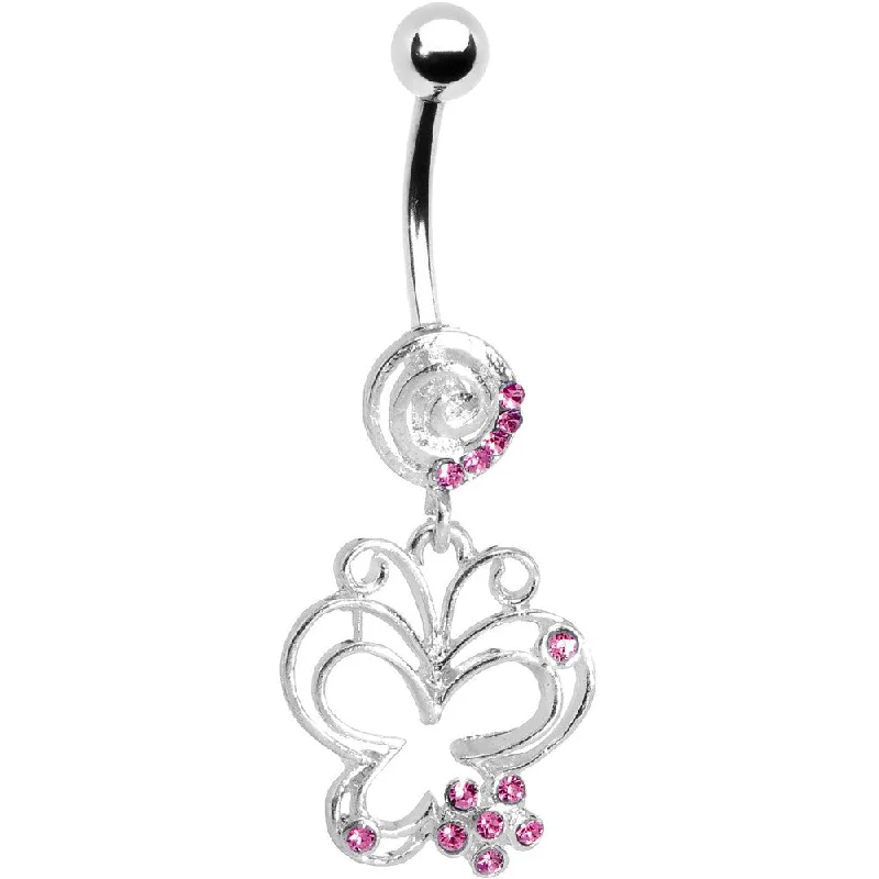 Comfortable Belly Rings for Chic Fashion -Pink Gem Flower Butterfly Swirl Dangle Belly Ring