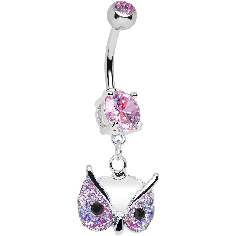 Belly Rings with Bold and Bright Stones -Pink Gem Glitter Mask Owl Head Dangle Belly Ring Belly Rings with Bold and Bright Stones -Pink Gem Glitter Mask Owl Head Dangle Belly Ring