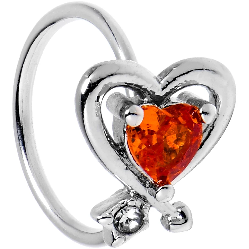 Elegant Nose Rings -20 Gauge 5/16 Red CZ Gem Wrapped In Heart Nose Hoop