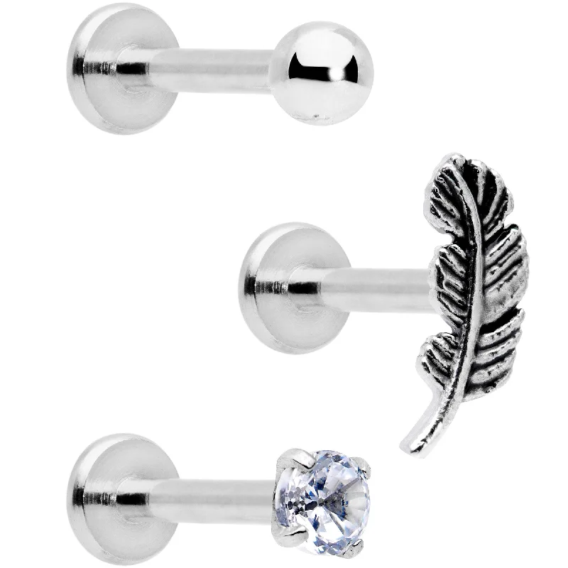 Simple Lip Rings with Classic Finish16 Gauge 5/16 Clear Gem Feather Internally Threaded Labret Set of 3