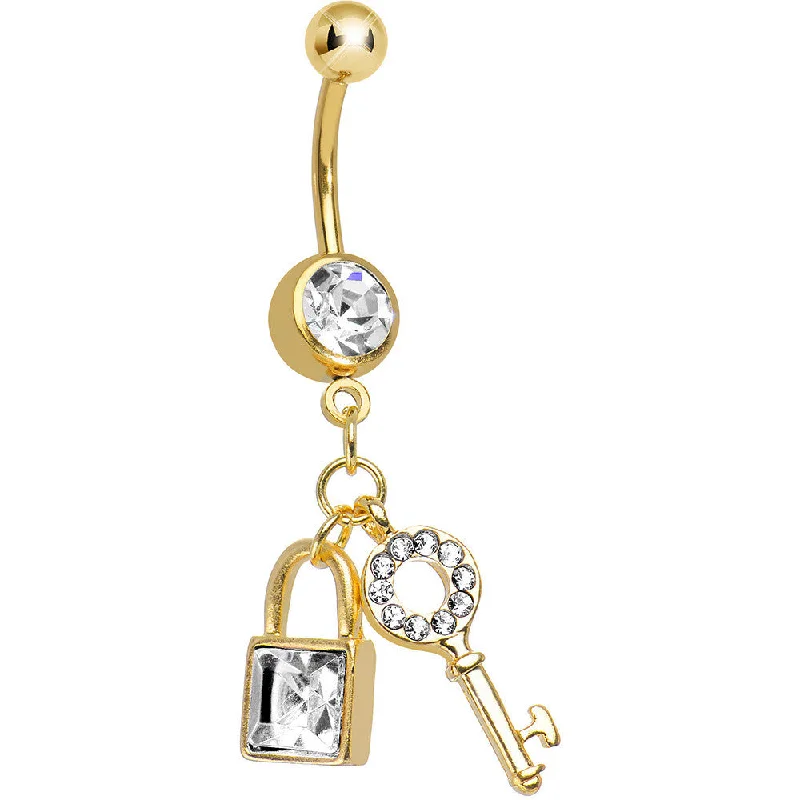 Trendy Belly Rings for Fashion-Forward Women -Crystalline Gem Gold Plated Blingy Lock and Key Dangle Belly Ring Trendy Belly Rings for Fashion-Forward Women -Crystalline Gem Gold Plated Blingy Lock and Key Dangle Belly Ring